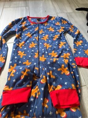 Women’s Navy Gingerbread Print Fleece Pajama One-Piece with Red Trim